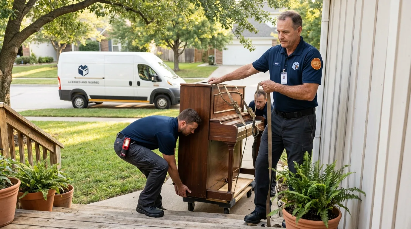 Licensed piano movers securing grand piano in Goshen, NY