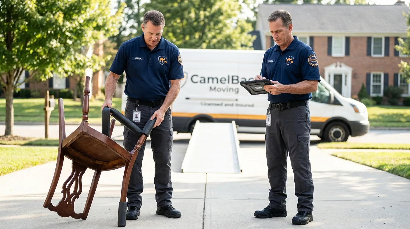 Movers inspecting furniture for damage prevention before loading in Goshen, NY