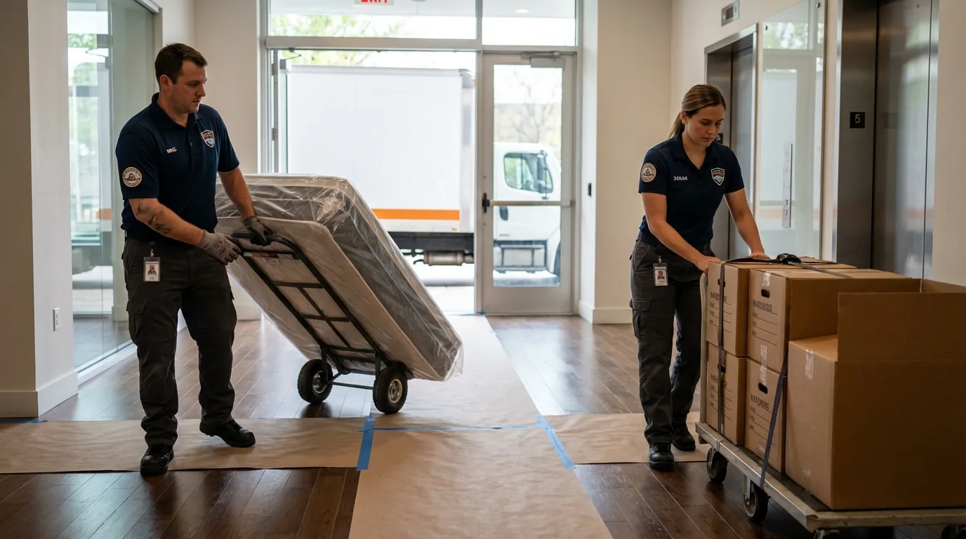 Professional apartment movers loading elevator in Goshen, NY