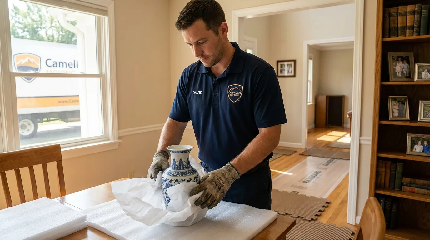 Professional crew carefully wrapping antique vase for senior downsizing move in Goshen, NY